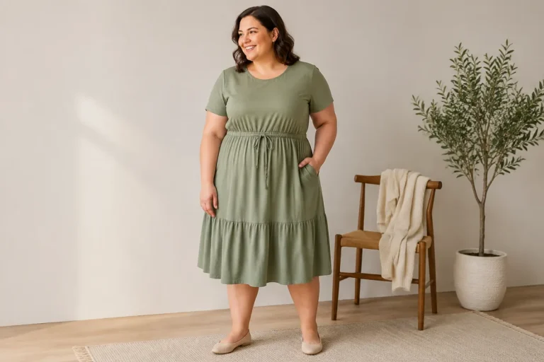 Woman wearing a sage-green casual midi dress and flats beside a cream cardigan