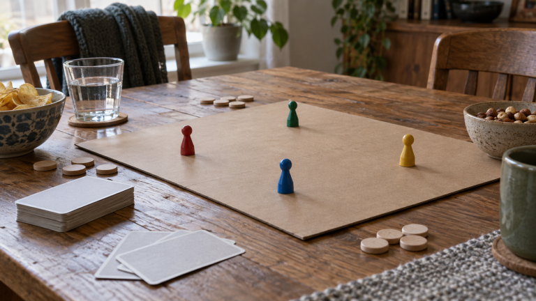 Plain tabletop board, wooden pawns, tokens and blank-backed cards on a wooden table.